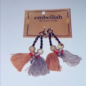 Creative Co-Op Beaded Brown and Gray Tassel Earrings 2” NWT